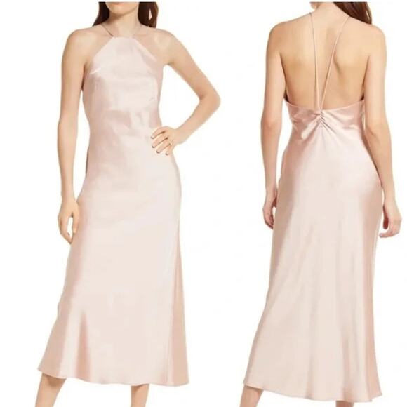Significant Other Vienna High Neck Open Strap Back Satin Midi Dress Blush 10 - Picture 7 of 9
